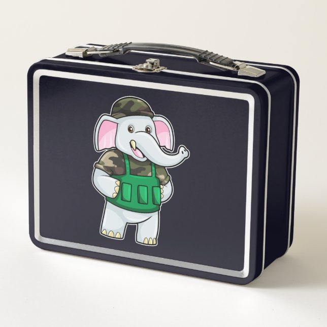 Lunch Box L'éléphant comme soldat avec uniforme et casque (Devant)