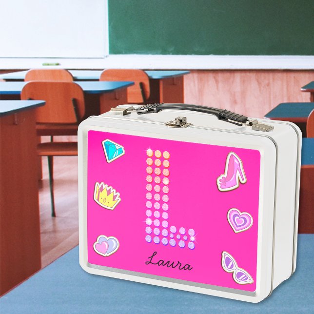 Lunch Box Lettre Rose Chaude L Monogramme Fille Retour À L'É (Front)