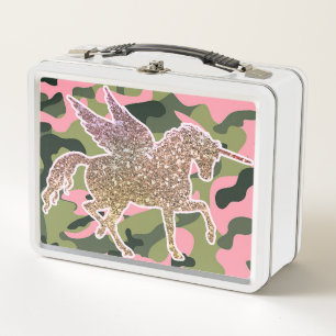Lunch Box Licorne camouflée vert rose et paillettes dorées