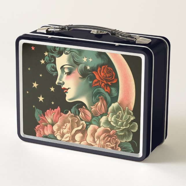 Lunch Box Lune Art Déco Retro Dame & Fleurs (Dos)
