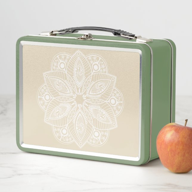 Lunch Box Mandala blanc exotique sur Arrière - plan beige (En situation)