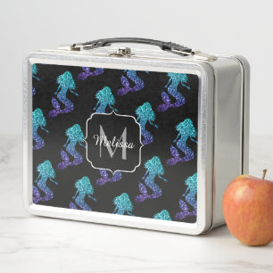 Lunch Box Mermaid aqua blue ombre Sparkles pattern Monogram