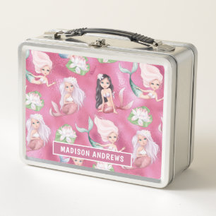 Lunch Box Mermaid Girly Chic Metallic Rose Nom personnalisé