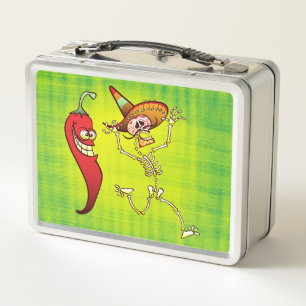 Lunch Box Mexican skeletons in trouble with hot chili pepper