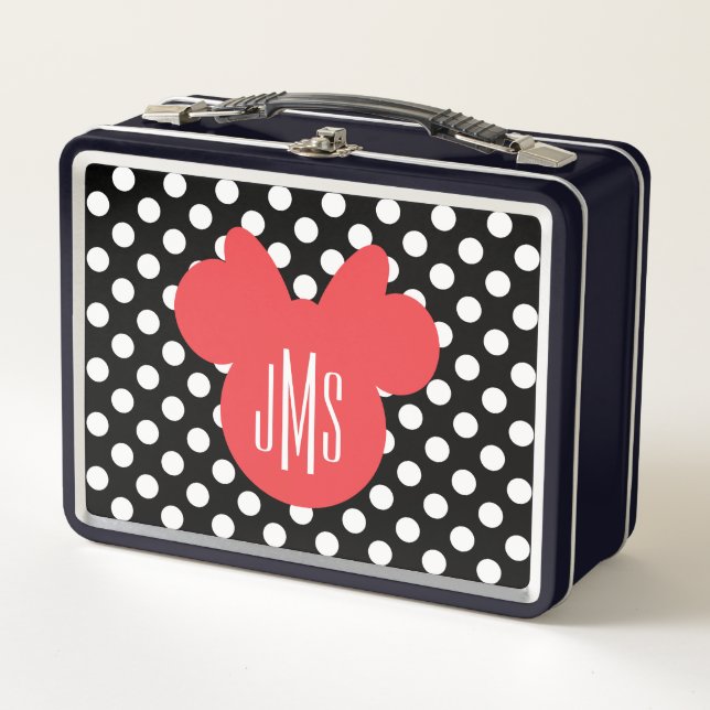 Lunch Box Minnie | Monogramme noir et blanc à points polka (Devant)
