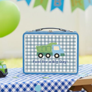Lunch Box Modern Gingham Blue Dump Truck Fuel for a Big Day 