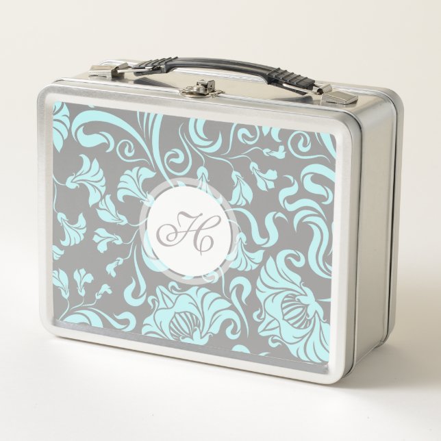 Lunch Box Monogramme de motifs floraux Vintages gris bleu Bo (Devant)