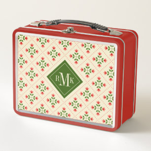 Lunch Box Monogramme Floral Rose & Green Quilt Art folklor