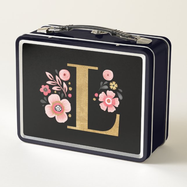 Lunch Box Monogramme or rose mou moderne Floral (Dos)