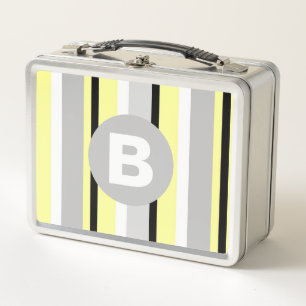 Lunch Box Monogramme rayé jaune et gris élégant