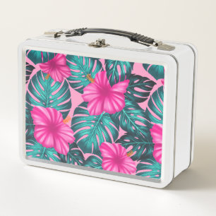 Lunch Box Monstera Feuilles et Hibiscus, Turquoise et rose