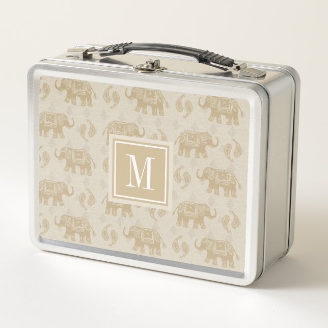 Lunch Box Motif kaki de caravane d'éléphant du monogramme | (Devant)