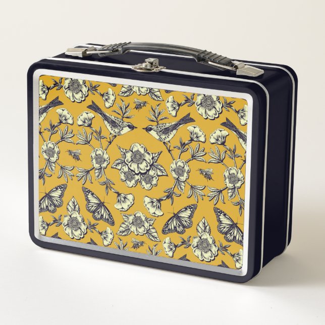 Lunch Box Moutarde Jaune et Oiseaux de la Marine, Papillons  (Devant)
