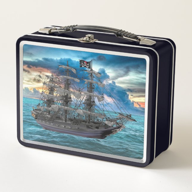 LUNCH BOX NAVIRE DE PIRATE ANCHOUÉ AU COUCHER DU SOLEIL (Devant)
