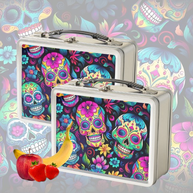 Lunch Box Neon Sugar Skull (Colorful sugar skulls in bright yellow, green, blue and green for the November holiday. )