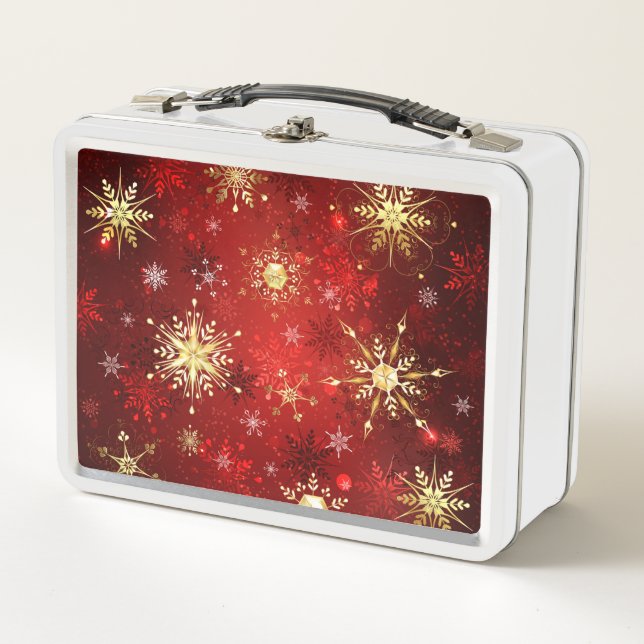 Lunch Box Noël Golden Snowflakes sur Arrière - plan rouge (Devant)