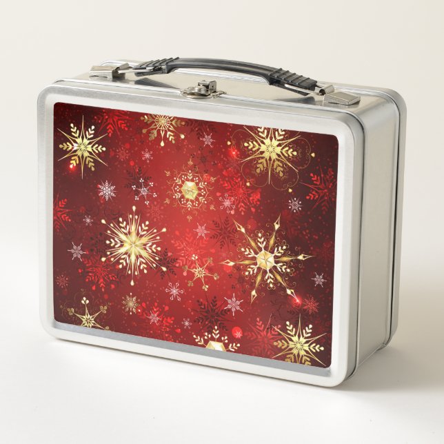 Lunch Box Noël Golden Snowflakes sur Arrière - plan rouge (Devant)