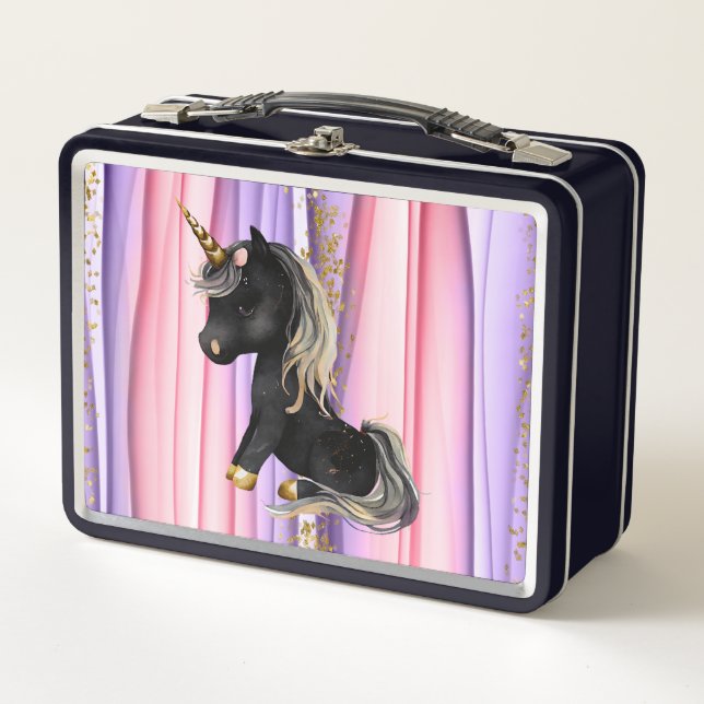 Lunch Box Noir Unicorne oreilles roses (Devant)