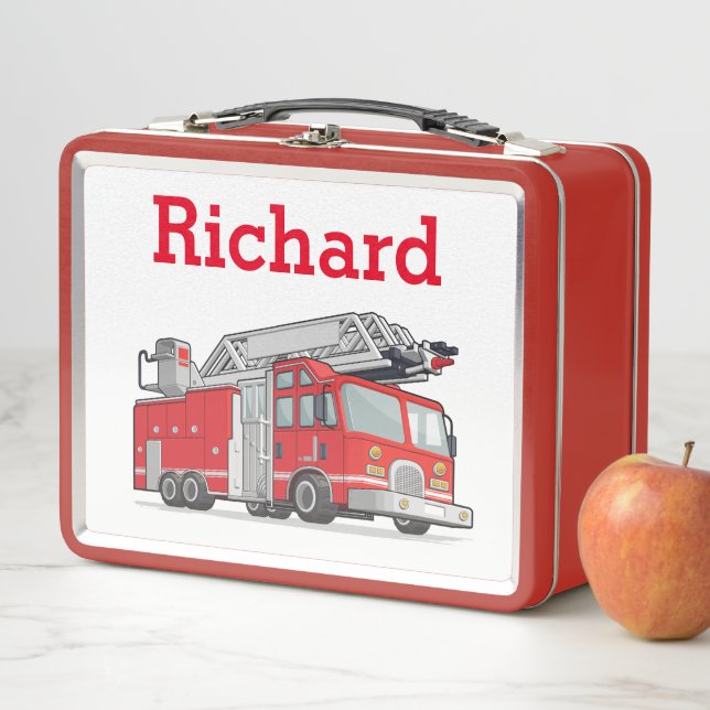 Lunch Box Nom d'enfant du camion de pompiers personnalisé (En situation)