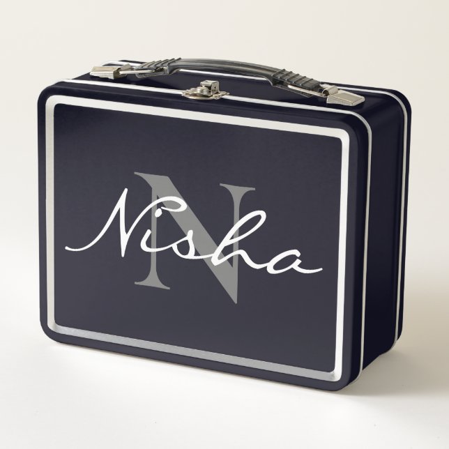 Lunch Box Nom du monogramme gris blanc (Devant)