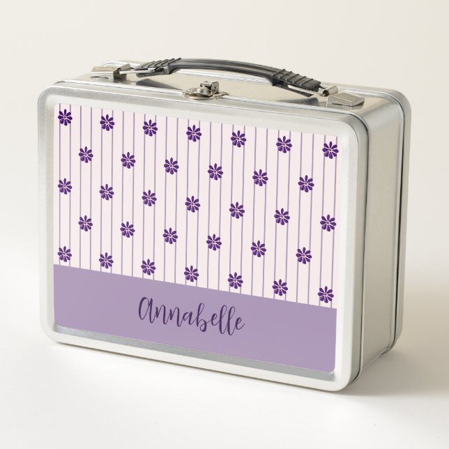 Lunch Box Nom Moderne Bleu & Bandes Violet Motif Floral (Devant)