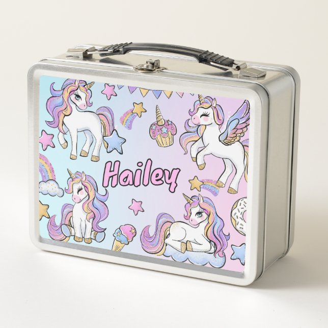 Lunch Box Nom personnalisé Rainbow Unicorn Retour à l'école (Devant)