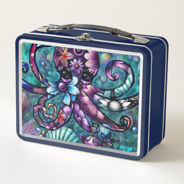 Lunch Box Octopus lunaire Floral Turquoise Purple Bleu Côte (Devant)