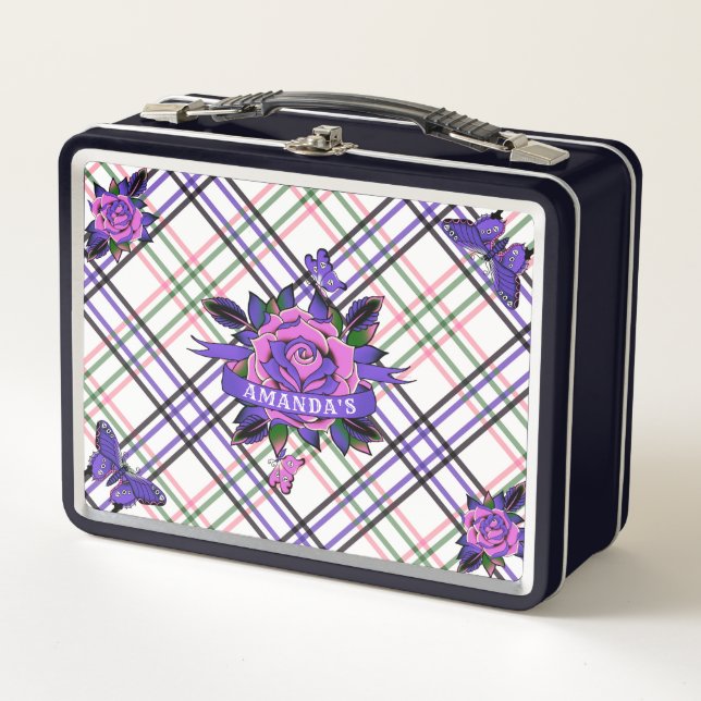 Lunch Box Papillons Rose de tatouage rose pourpre Plaid (Devant)
