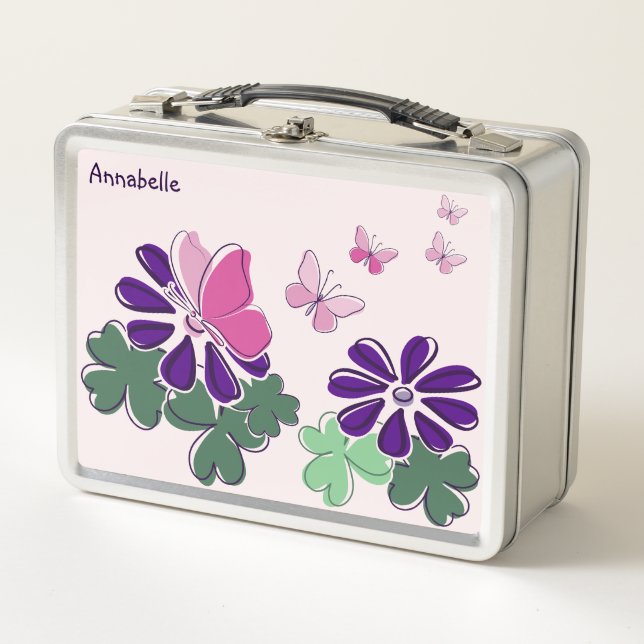 Lunch Box Papillons rose mignon vert violet Doodé de fleurs (Devant)