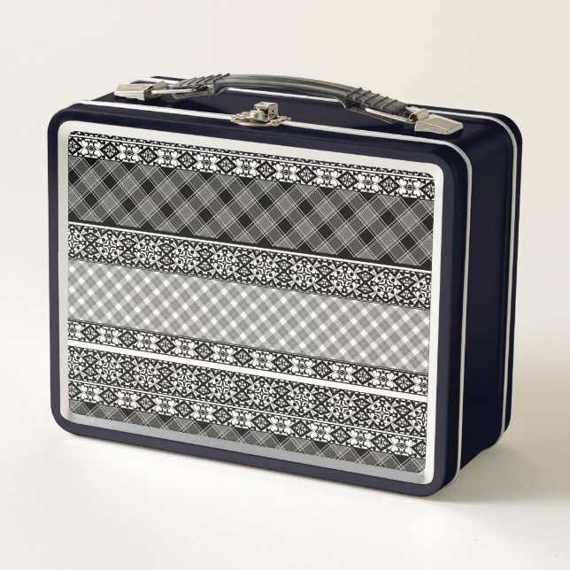 Lunch Box Patchwork rayé noir et blanc avec dentelle (Devant)
