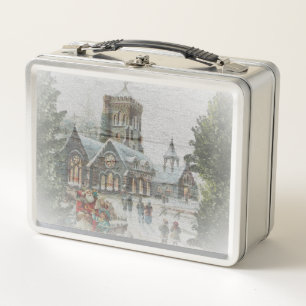 Lunch Box Père Noël ancienne avec enfants devant une église