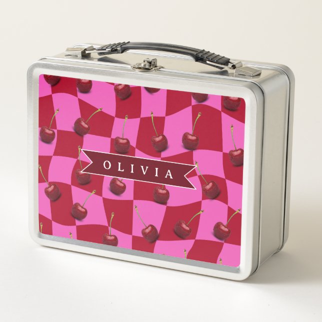 Lunch Box Personalized Cherry Gingham Retro Custom Name (Devant)