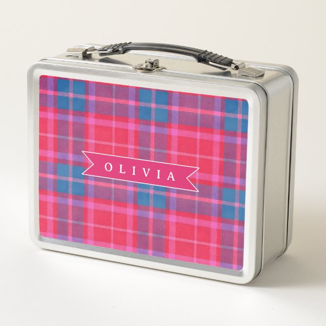 Lunch Box Personalized Custom Pink Fuchsia Plaid Preppy  (Devant)