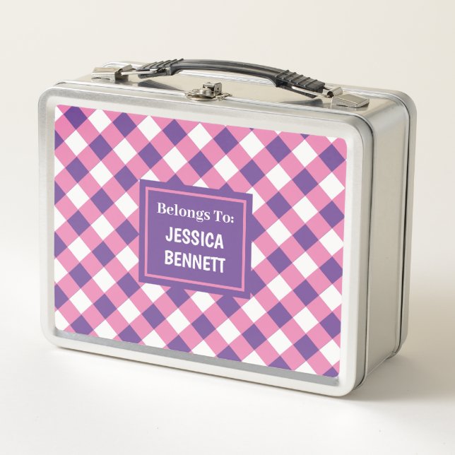Lunch Box Personnalisé rose blanc pourpre À damiers Motif en (Devant)