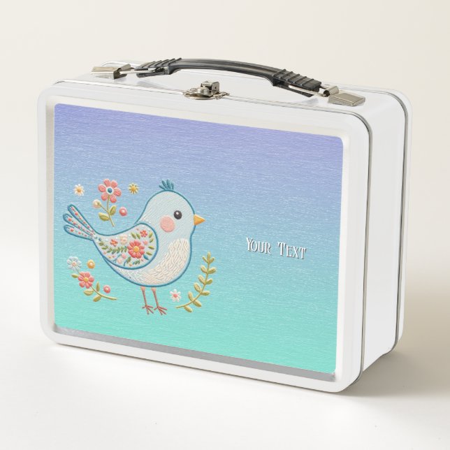 Lunch Box Petit Oiseau Bleu Floral Métal Boîte à lunch (Devant)