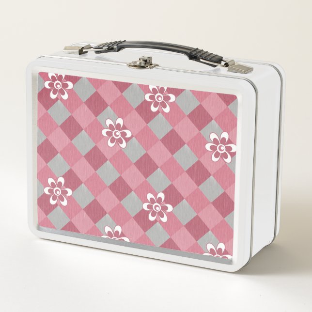 Lunch Box Plaid gris et rose avec fleurs camomilaires (Devant)