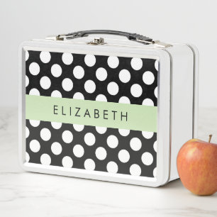 Lunch Box Pois noirs et blancs, pointillés, Votre nom