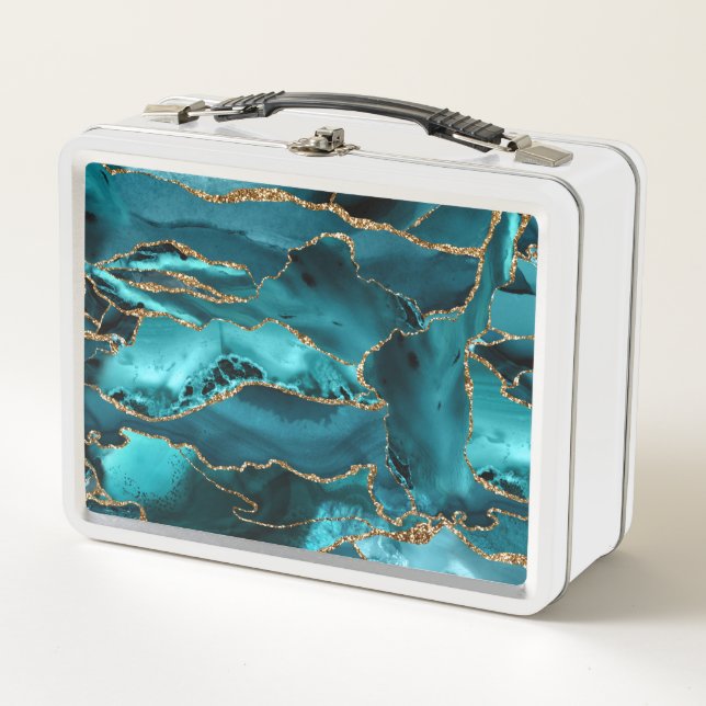 Lunch Box Porte de Parties scintillant Turquoise bleue et or (Devant)