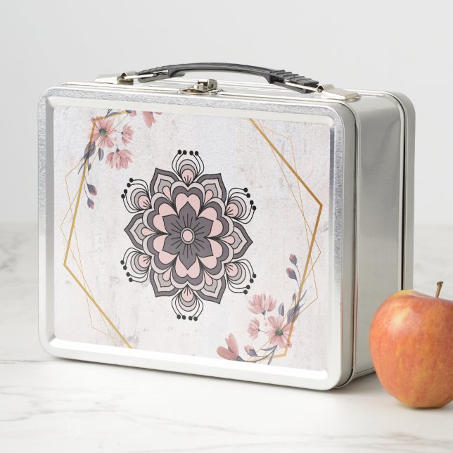 Lunch Box Rangoli Floral Art, rose et gris Motif Mandala (En situation)