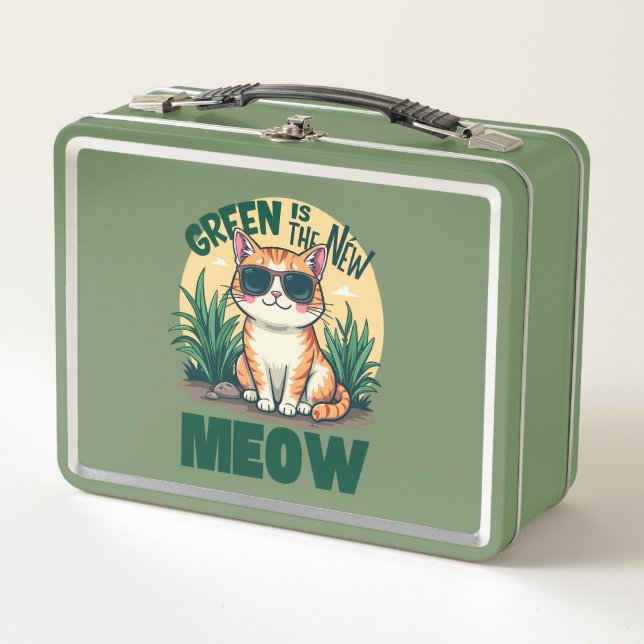 Lunch Box Rétro "Green is the New Meow" Cool Chat Nature Art (Devant)