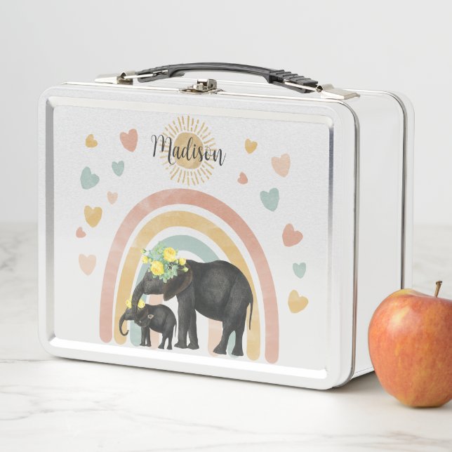 Lunch Box Retro Pastel Rainbow Cute Elephants (En situation)