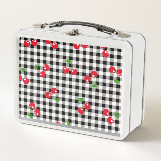 Lunch Box Rouge rétro Cerisier Noir Blanc Buffalo Plaid En v (Devant)