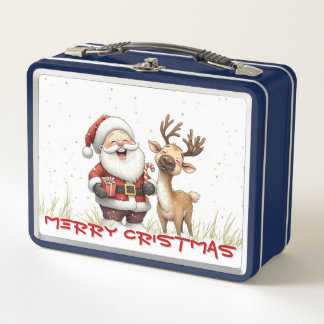 Lunch Box Santa and Reindeer in Festive Cartoon Style