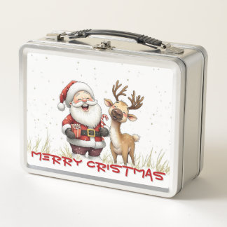 Lunch Box Santa and Reindeer in Festive Cartoon Style
