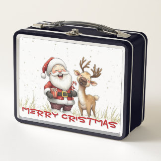 Lunch Box Santa and Reindeer in Festive Cartoon Style