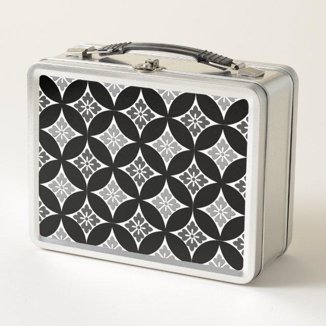 Lunch Box Shippo avec Motif Fleur, Noir, Blanc et Gris (Devant)