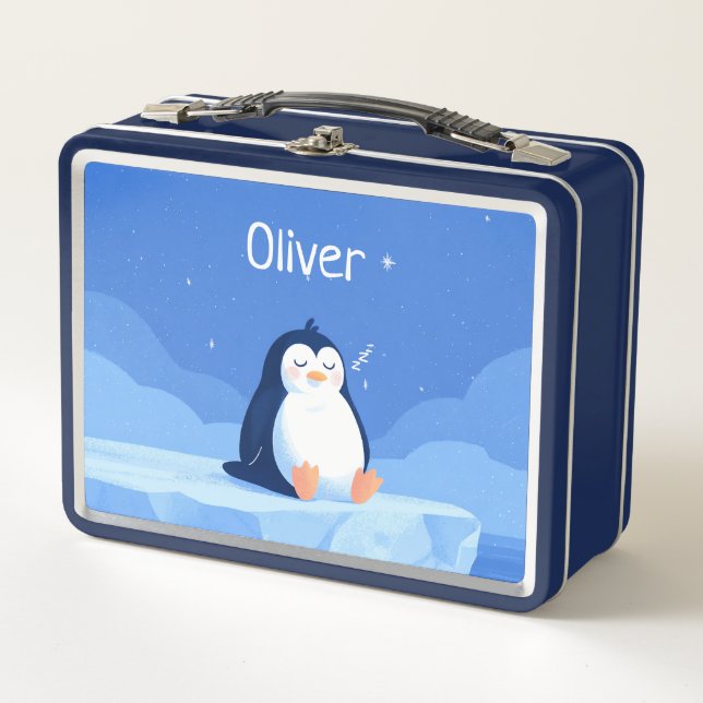Lunch Box Sleepy Penguin, Boys, Personalized Blue  (Devant)