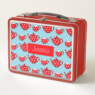 Lunch Box Spotty Red Teapot and Cups Motif Personnalisé