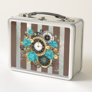 Lunch Box Steampunk Clock and Turquoise Roses on Striped