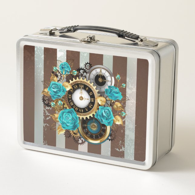 Lunch Box Steampunk Clock and Turquoise Roses on Striped (Devant)